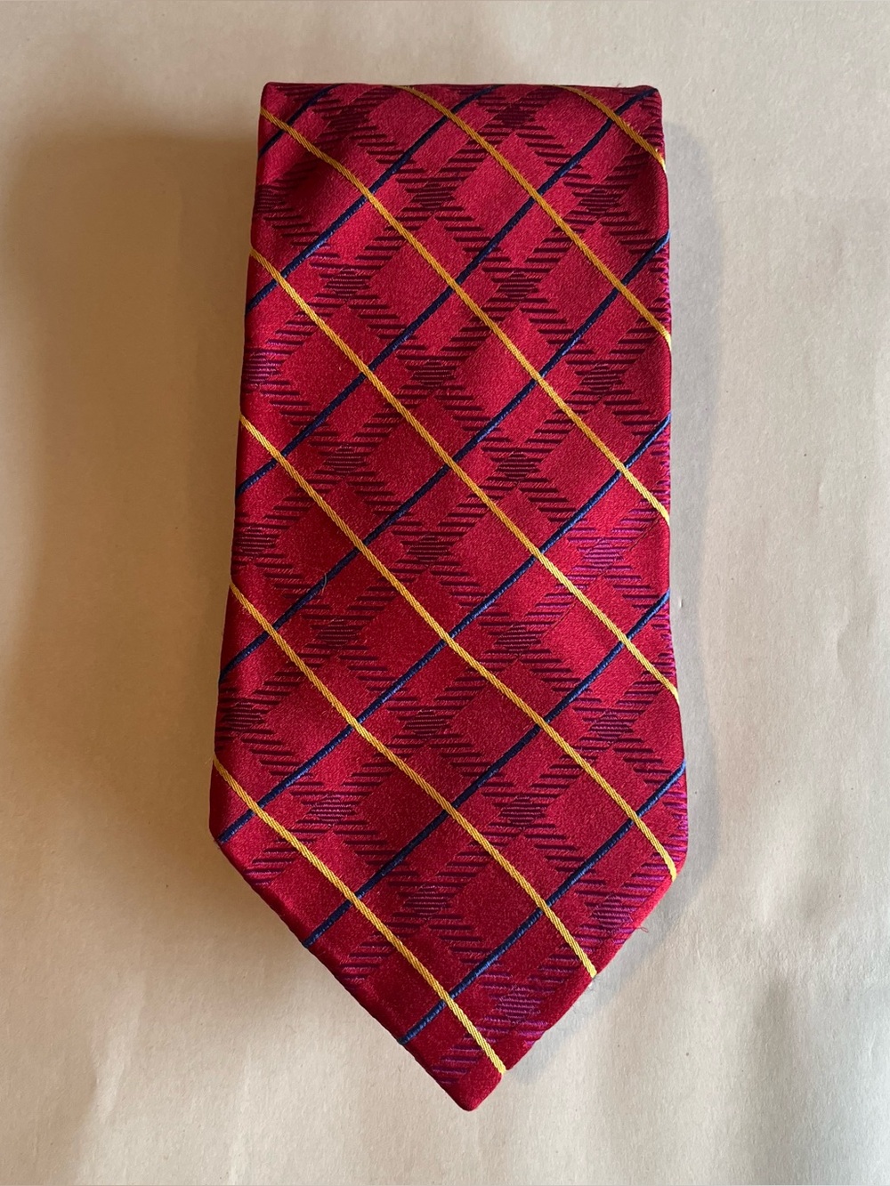 Tommy Hilfiger Mens Classic Burgundy W/Blue Yellow Stripe Checkerboard Neck Tie